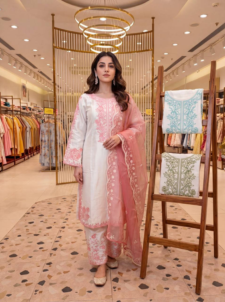 Peach Pink Chikankari Thread Embroidered Palazzo Suit
