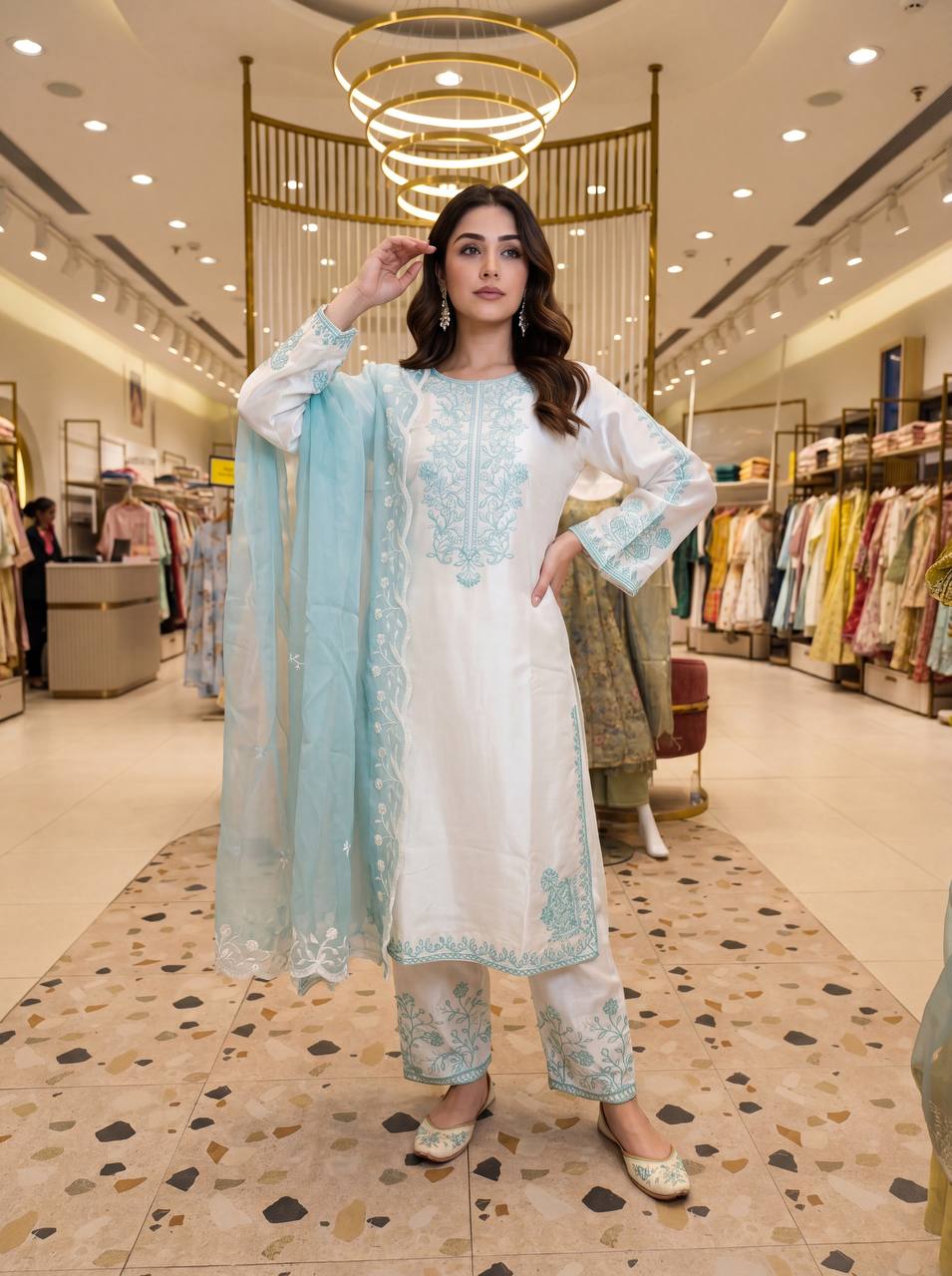 Sky Blue Chikankari Thread Embroidered Palazzo Suit