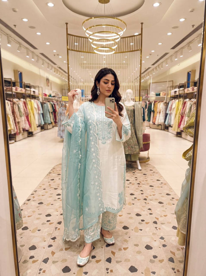 Sky Blue Chikankari Thread Embroidered Palazzo Suit