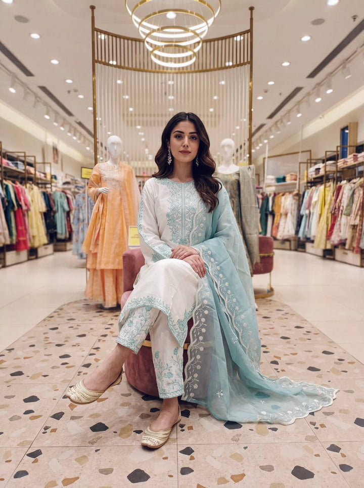 Sky Blue Chikankari Thread Embroidered Palazzo Suit