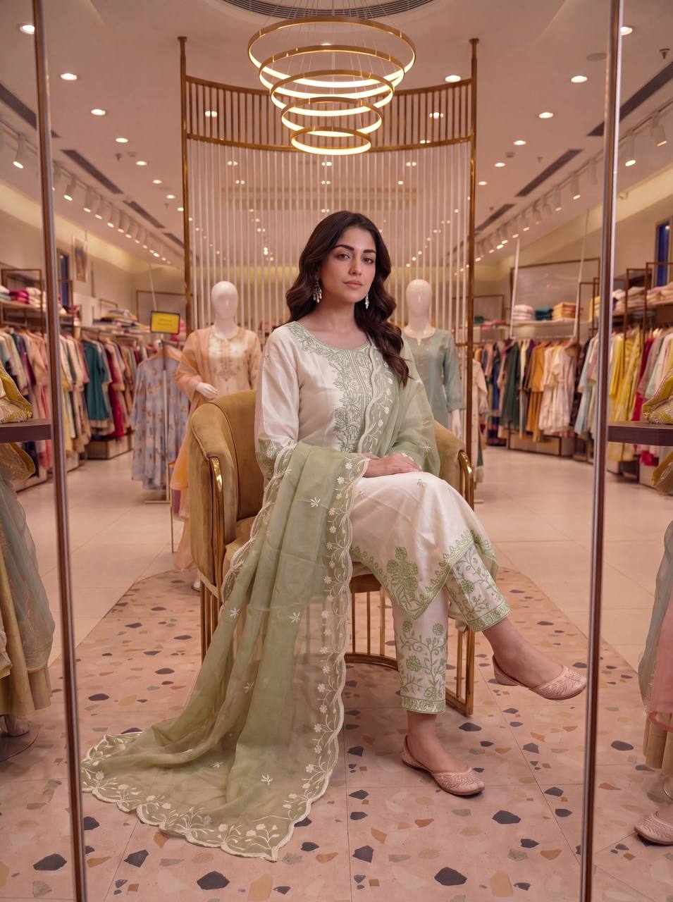 Sage Olive Green Chikankari Thread Embroidered Palazzo Suit