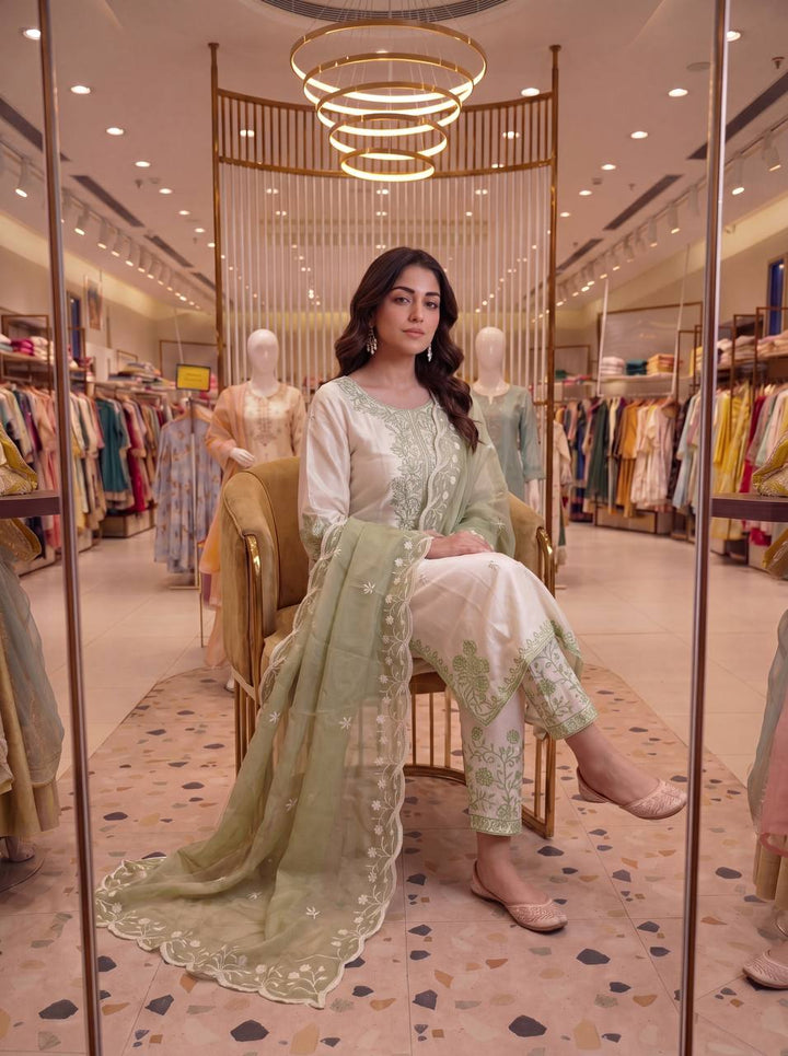 Sage Olive Green Chikankari Thread Embroidered Palazzo Suit