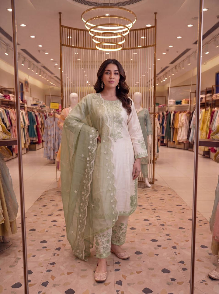 Sage Olive Green Chikankari Thread Embroidered Palazzo Suit