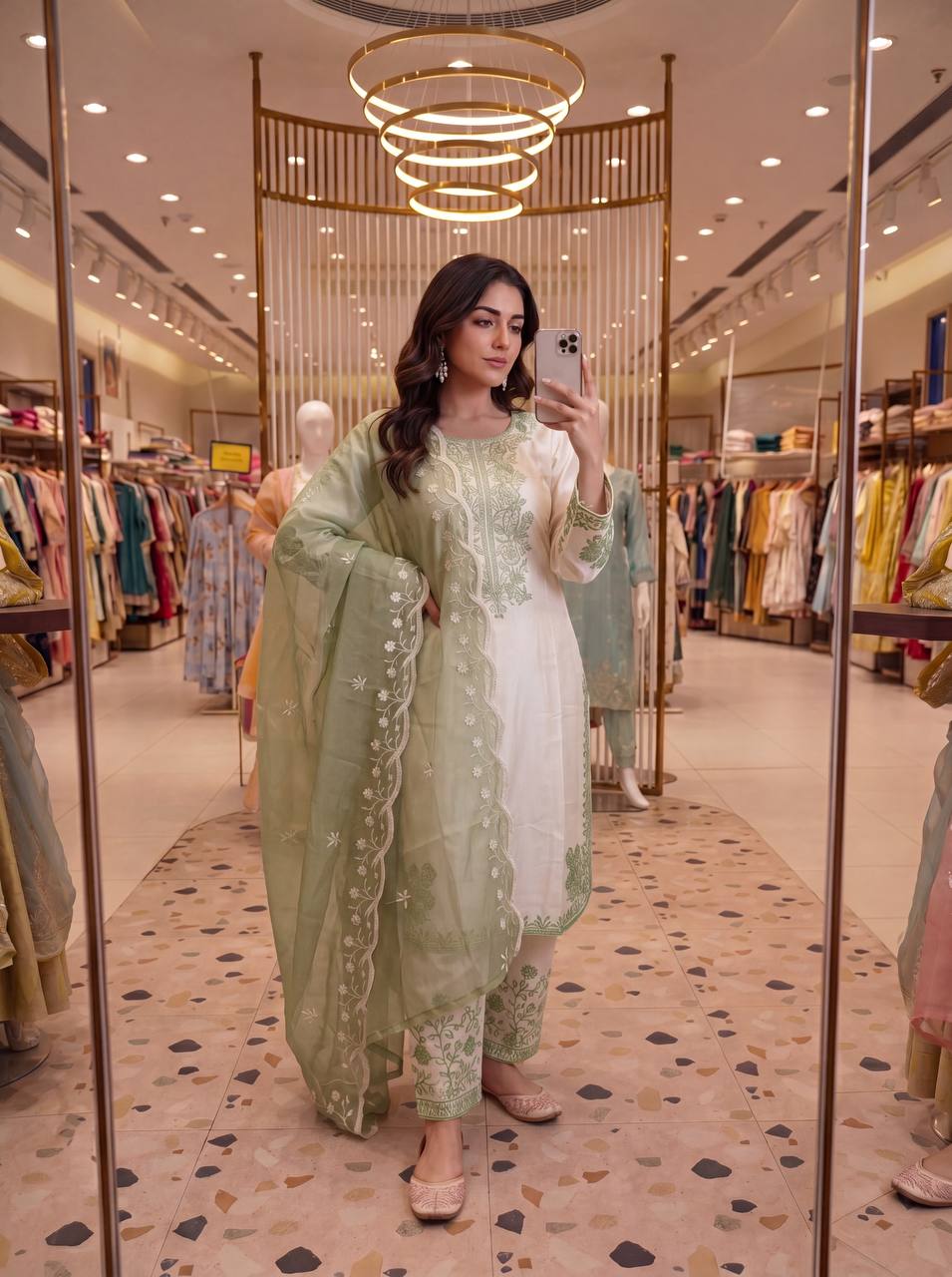Sage Olive Green Chikankari Thread Embroidered Palazzo Suit