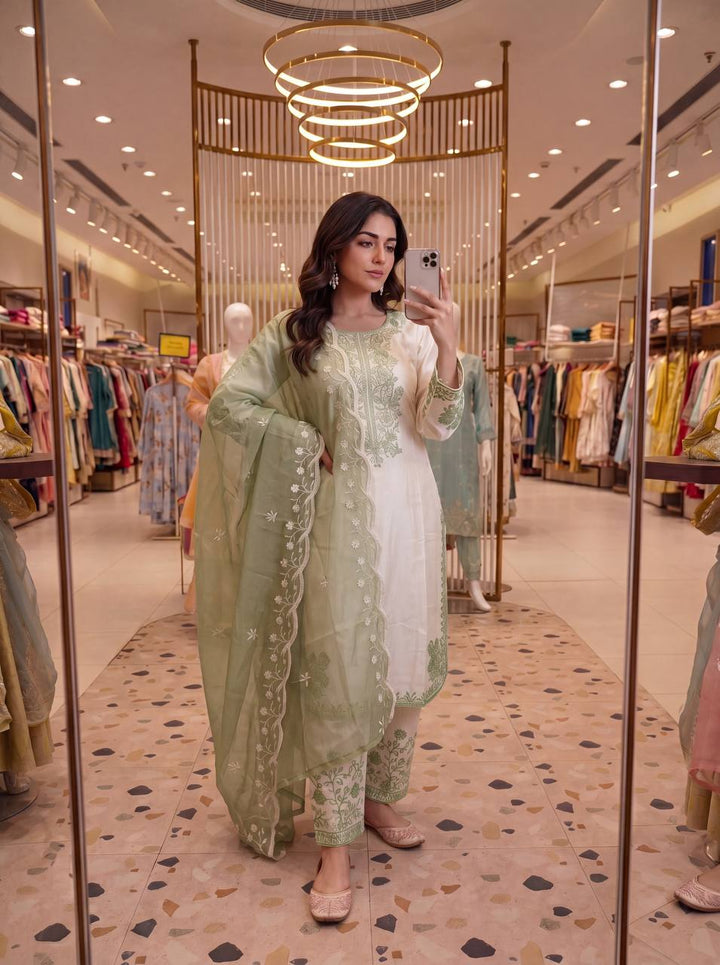 Sage Olive Green Chikankari Thread Embroidered Palazzo Suit