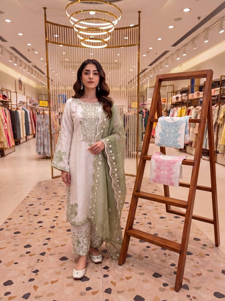 Sage Olive Green Chikankari Thread Embroidered Palazzo Suit