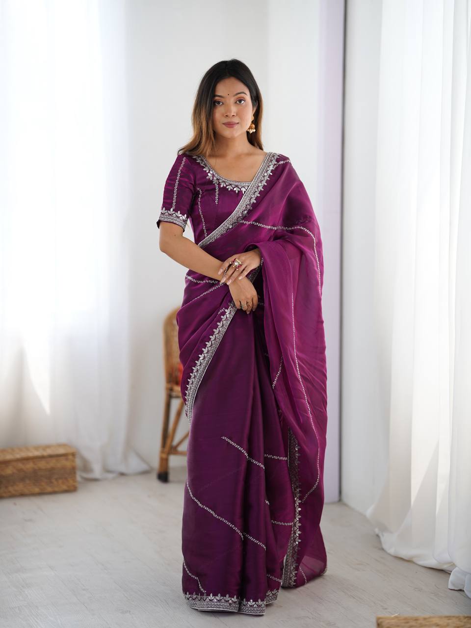 Wine Color Embroidered JMC Silk Saree