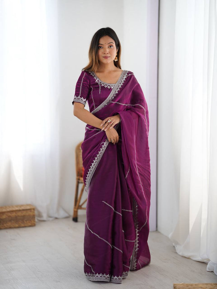 Wine Color Embroidered JMC Silk Saree