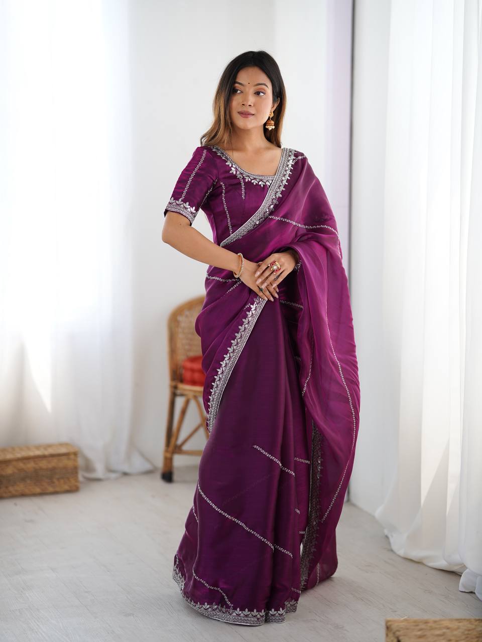 Wine Color Embroidered JMC Silk Saree
