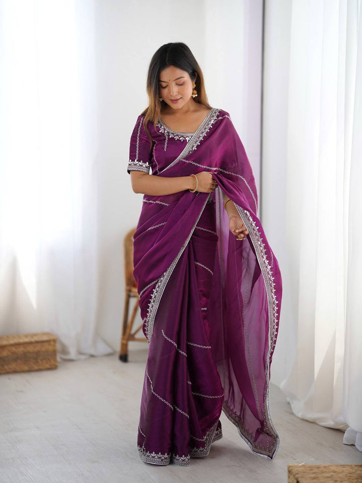 Wine Color Embroidered JMC Silk Saree