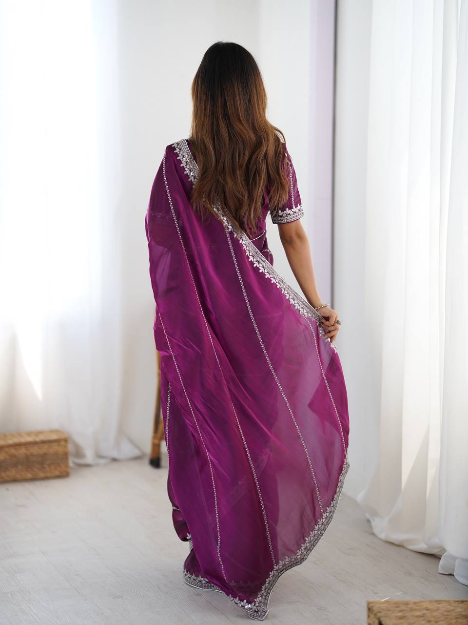 Wine Color Embroidered JMC Silk Saree