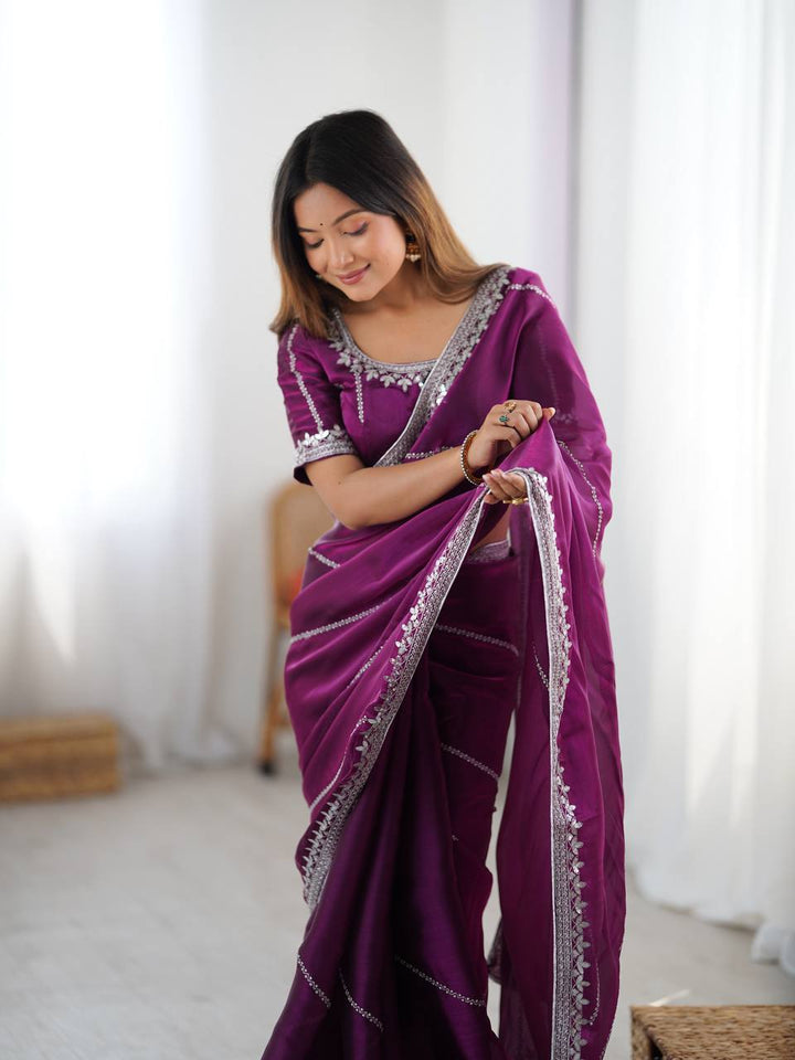 Wine Color Embroidered JMC Silk Saree