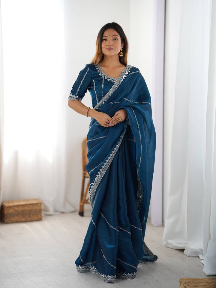 Rama Color Embroidered JMC Silk Saree