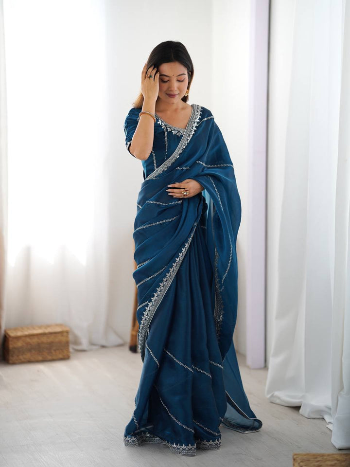 Rama Color Embroidered JMC Silk Saree