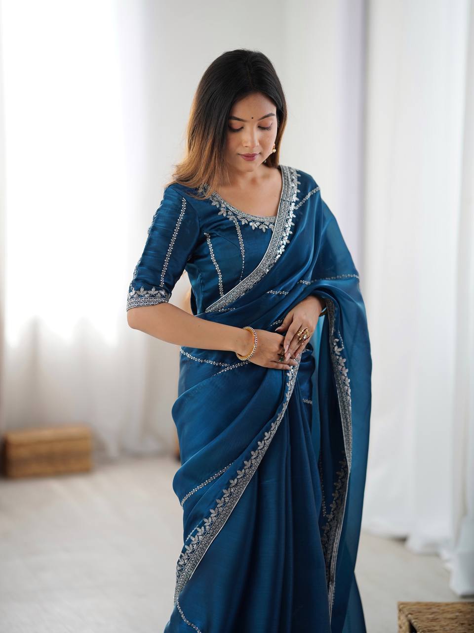 Rama Color Embroidered JMC Silk Saree