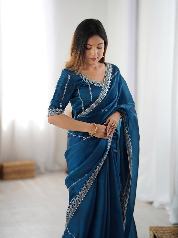 Rama Color Embroidered JMC Silk Saree