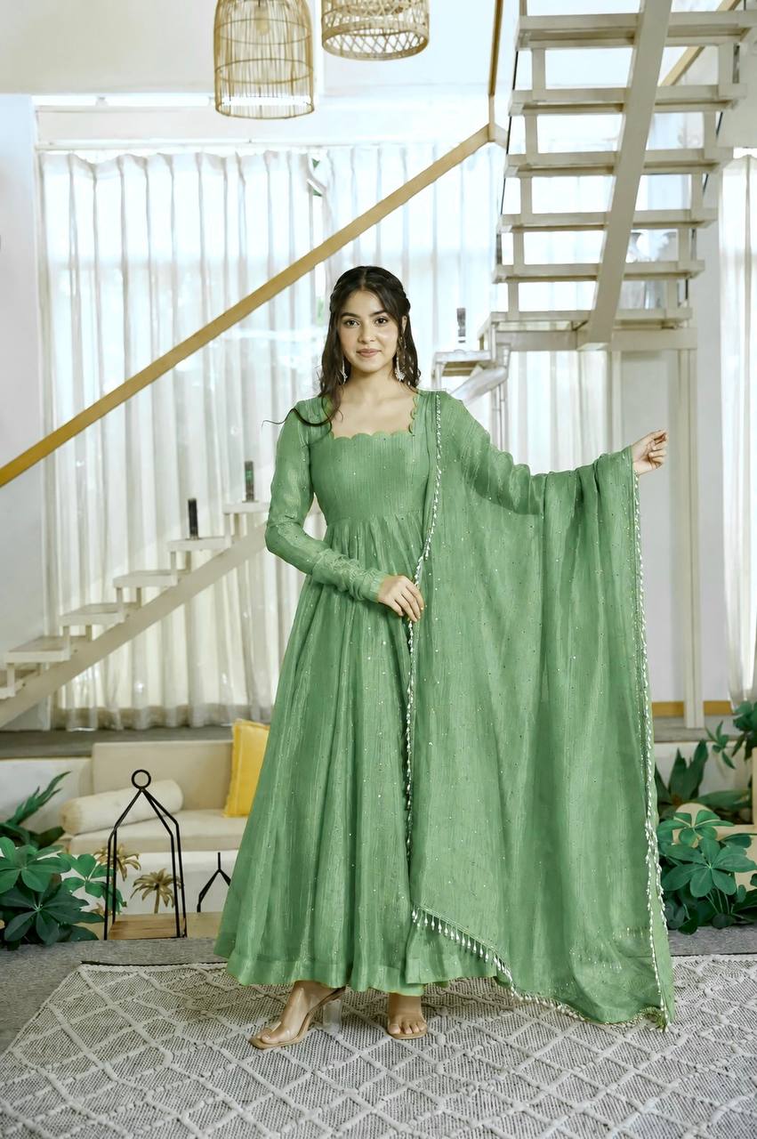 Mint Green Color Scalloped Neck Salsa Silk Gown