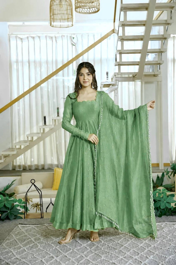 Mint Green Color Scalloped Neck Salsa Silk Gown