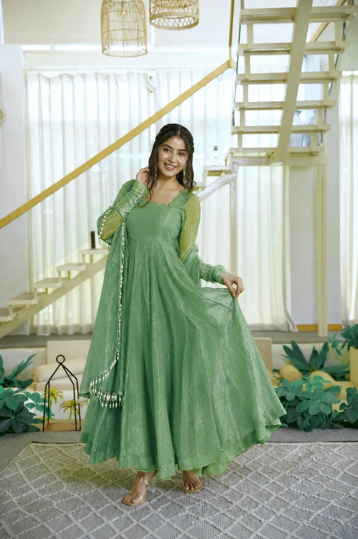 Mint Green Color Scalloped Neck Salsa Silk Gown