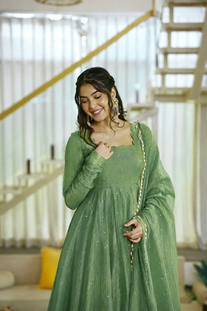 Mint Green Color Scalloped Neck Salsa Silk Gown