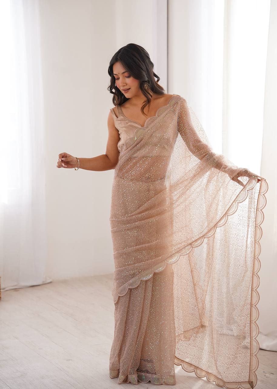 Chikoo Color Soft Net Embroidered Saree