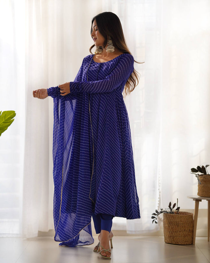 Royal Blue Leheriya Stripe Flared Georgette Anarkali Suit