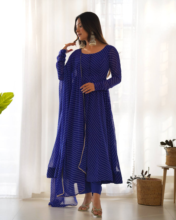 Royal Blue Leheriya Stripe Flared Georgette Anarkali Suit