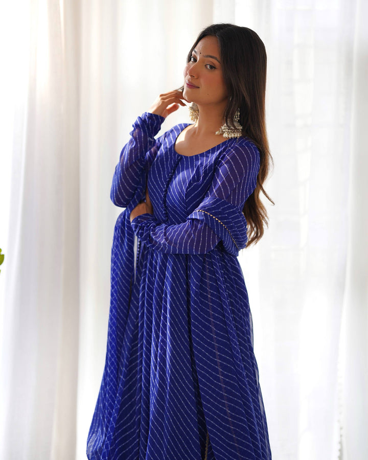 Royal Blue Leheriya Stripe Flared Georgette Anarkali Suit