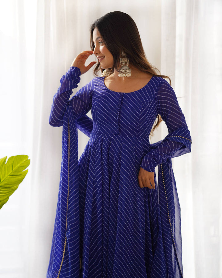Royal Blue Leheriya Stripe Flared Georgette Anarkali Suit