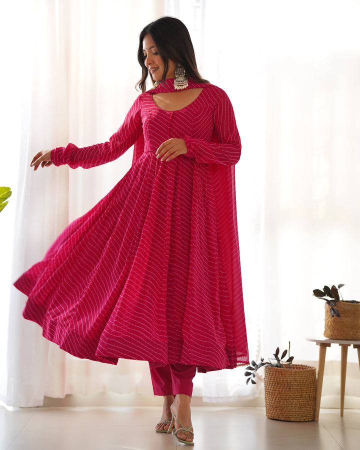 Rani Pink Leheriya Stripe Flared Georgette Anarkali Suit