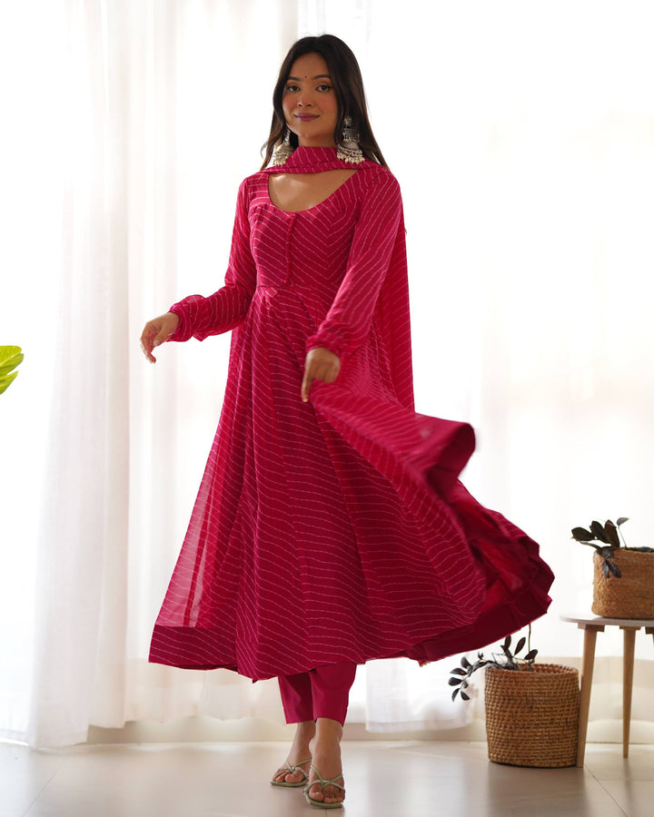 Rani Pink Leheriya Stripe Flared Georgette Anarkali Suit