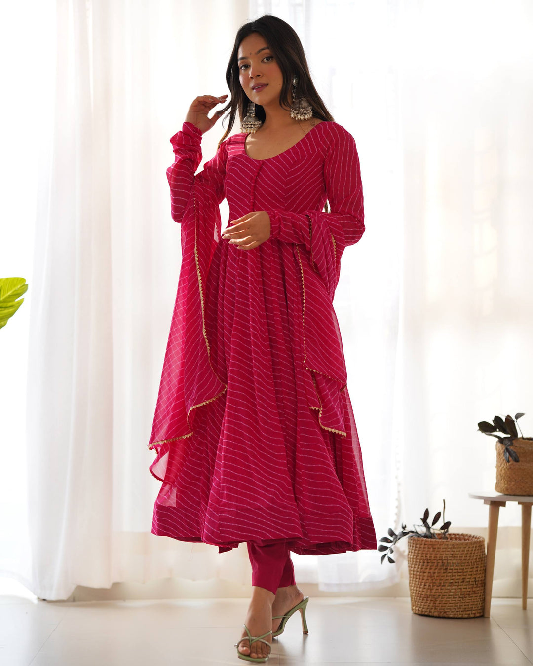 Rani Pink Leheriya Stripe Flared Georgette Anarkali Suit