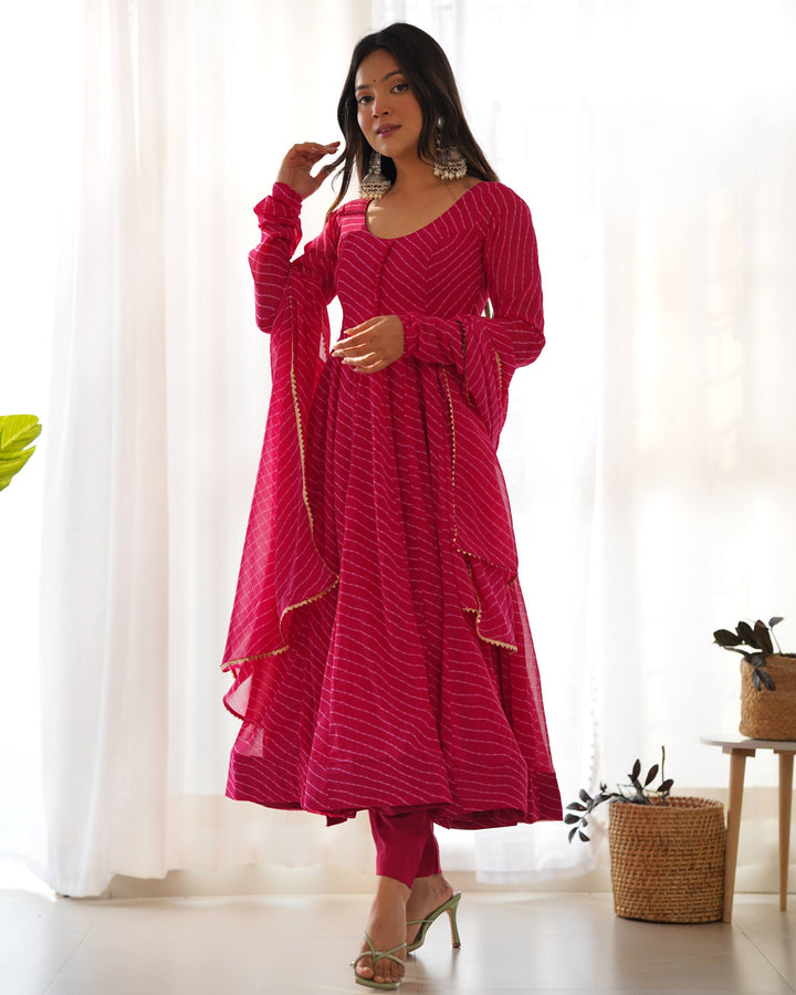 Rani Pink Leheriya Stripe Flared Georgette Anarkali Suit