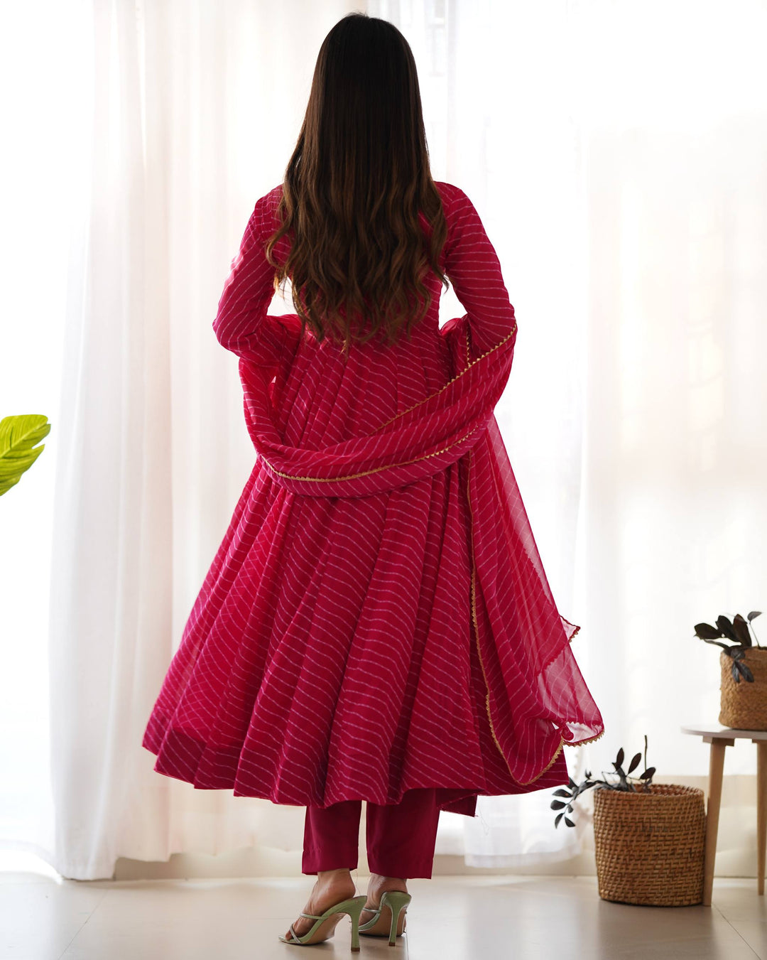 Rani Pink Leheriya Stripe Flared Georgette Anarkali Suit