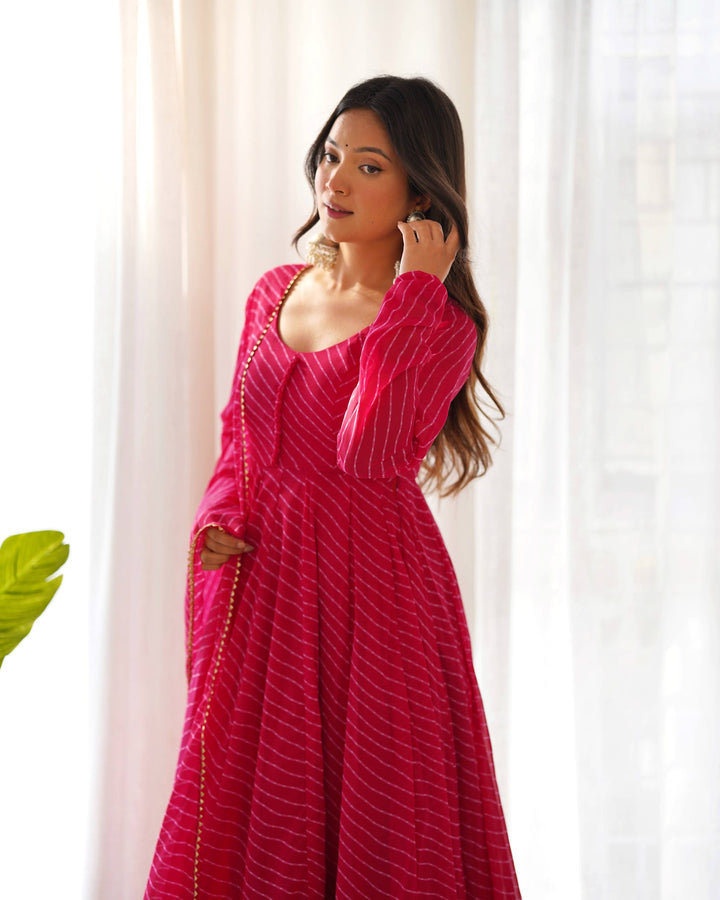 Rani Pink Leheriya Stripe Flared Georgette Anarkali Suit