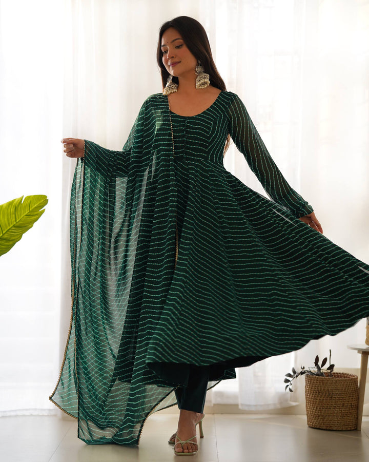 Green Leheriya Stripe Flared Georgette Anarkali Suit