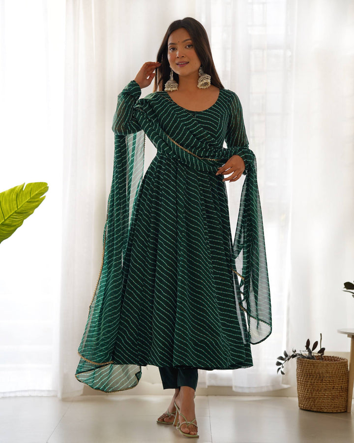 Green Leheriya Stripe Flared Georgette Anarkali Suit
