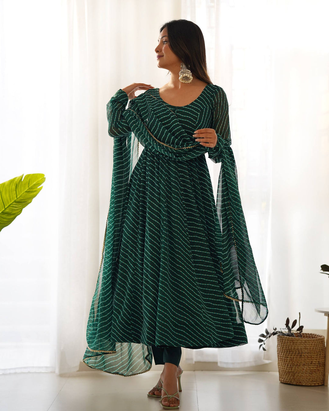 Green Leheriya Stripe Flared Georgette Anarkali Suit