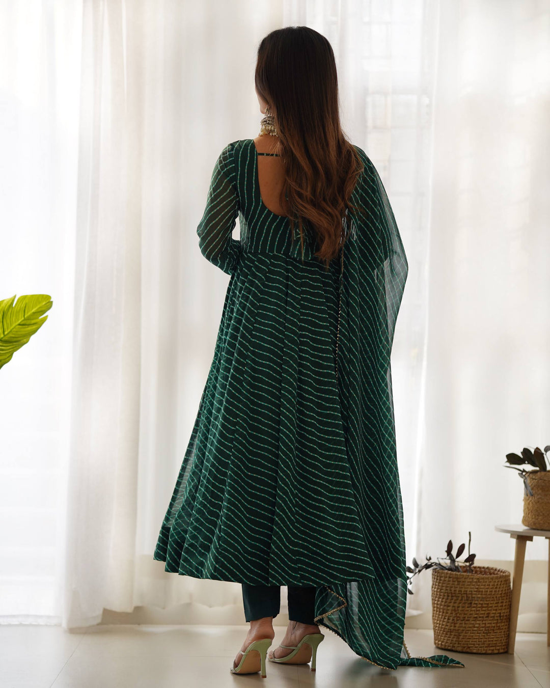 Green Leheriya Stripe Flared Georgette Anarkali Suit