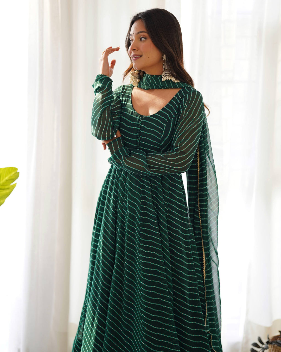 Green Leheriya Stripe Flared Georgette Anarkali Suit
