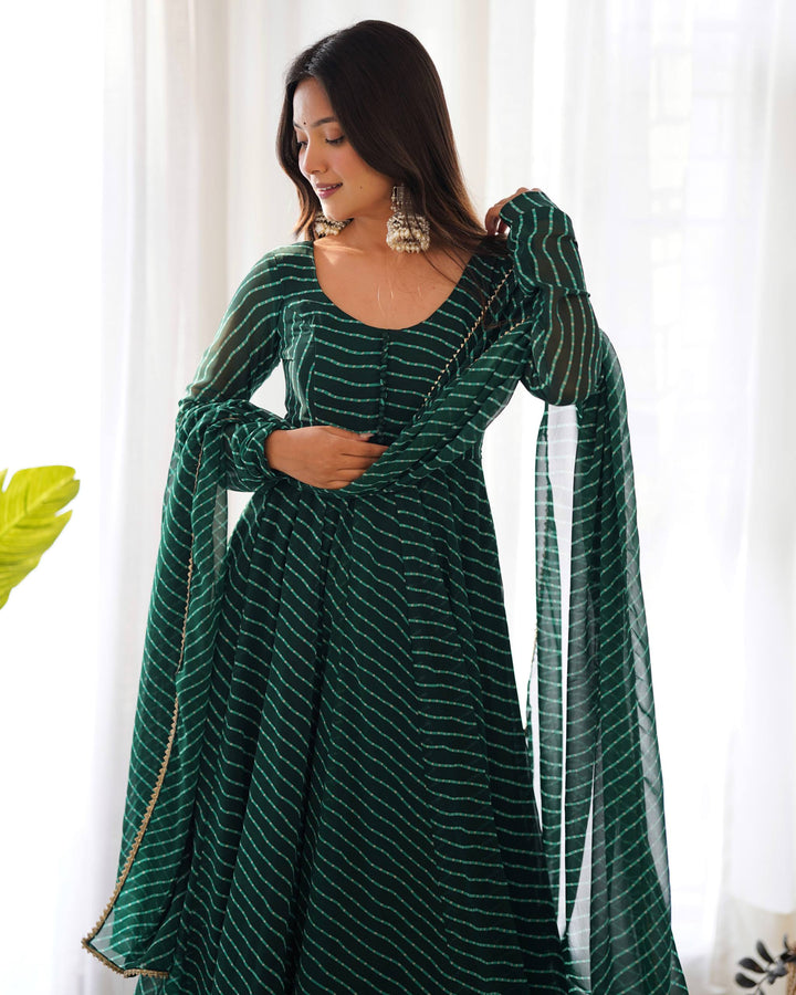 Green Leheriya Stripe Flared Georgette Anarkali Suit