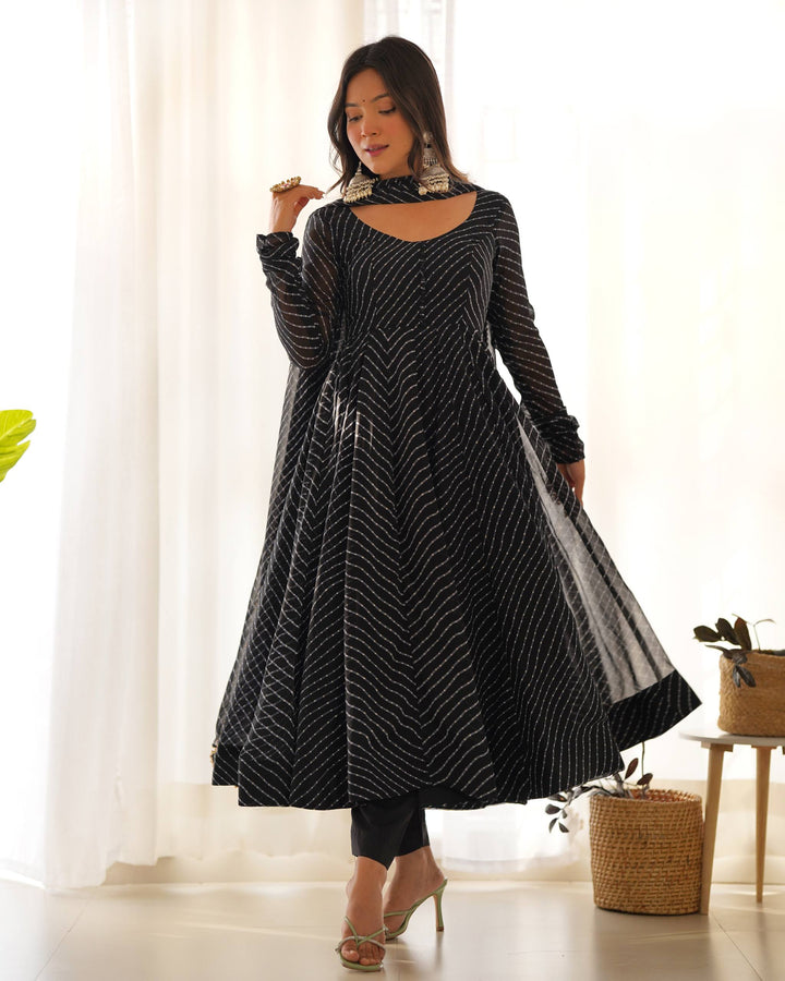 Black  Leheriya Stripe Flared Georgette Anarkali Suit