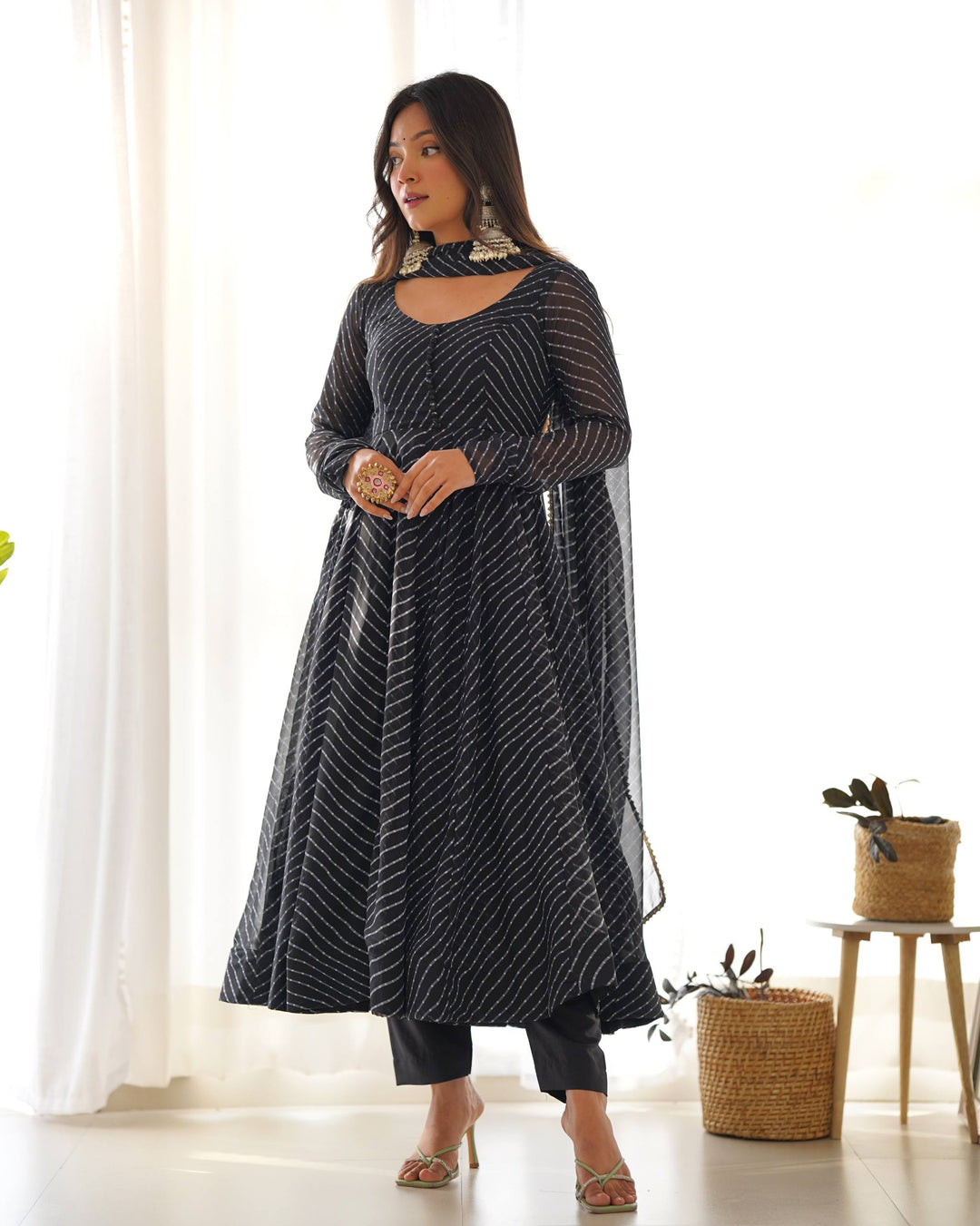 Black  Leheriya Stripe Flared Georgette Anarkali Suit