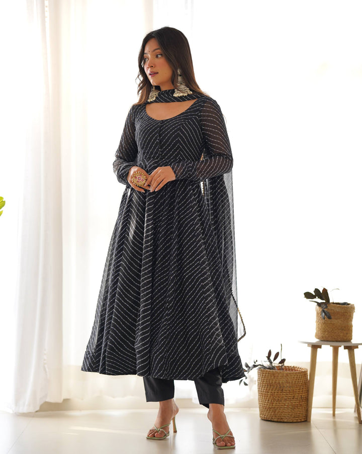 Black  Leheriya Stripe Flared Georgette Anarkali Suit