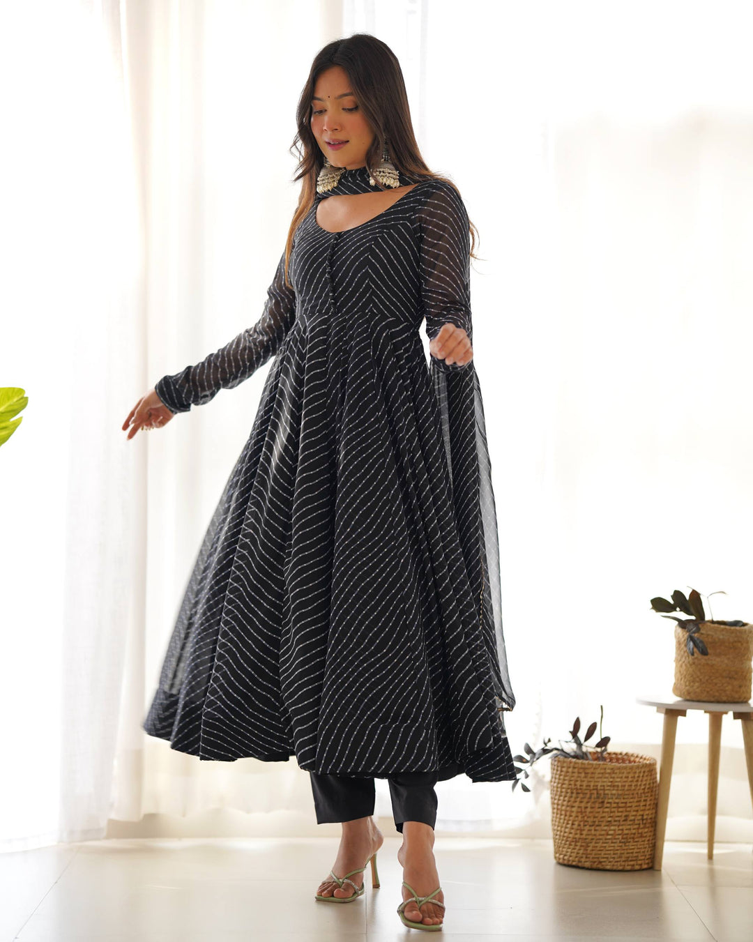 Black  Leheriya Stripe Flared Georgette Anarkali Suit