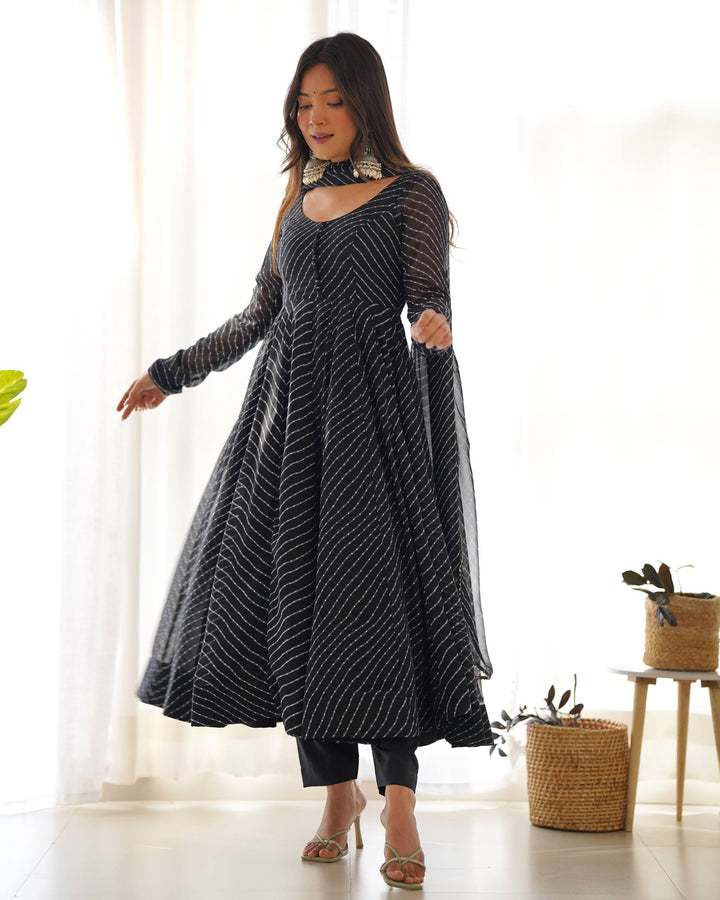 Black  Leheriya Stripe Flared Georgette Anarkali Suit