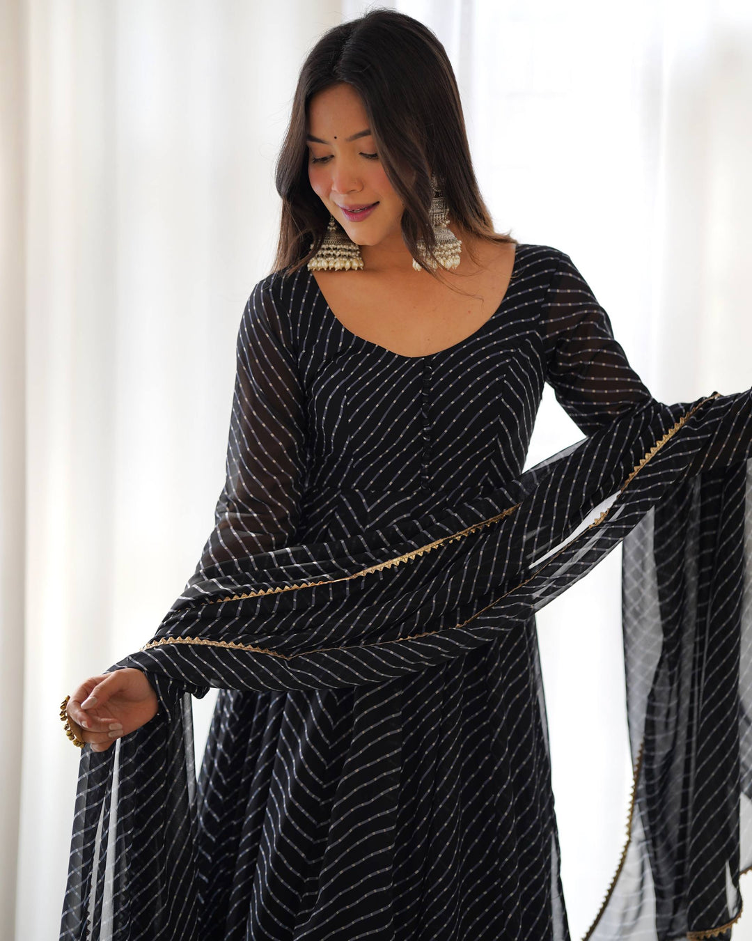 Black  Leheriya Stripe Flared Georgette Anarkali Suit