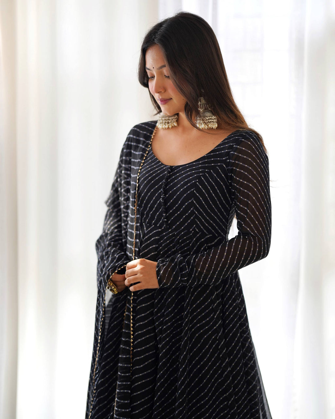 Black  Leheriya Stripe Flared Georgette Anarkali Suit