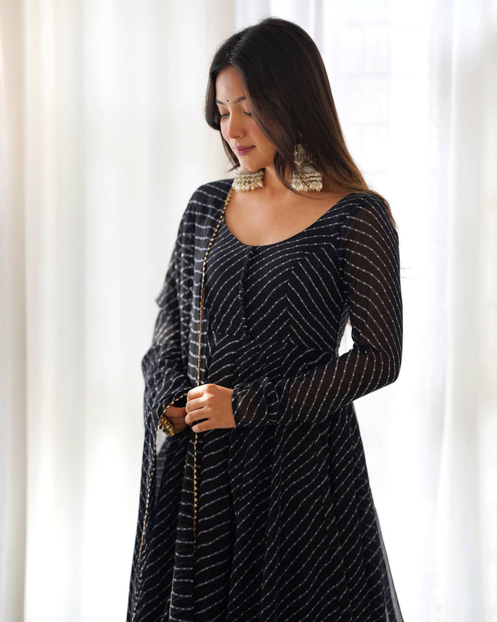Black  Leheriya Stripe Flared Georgette Anarkali Suit