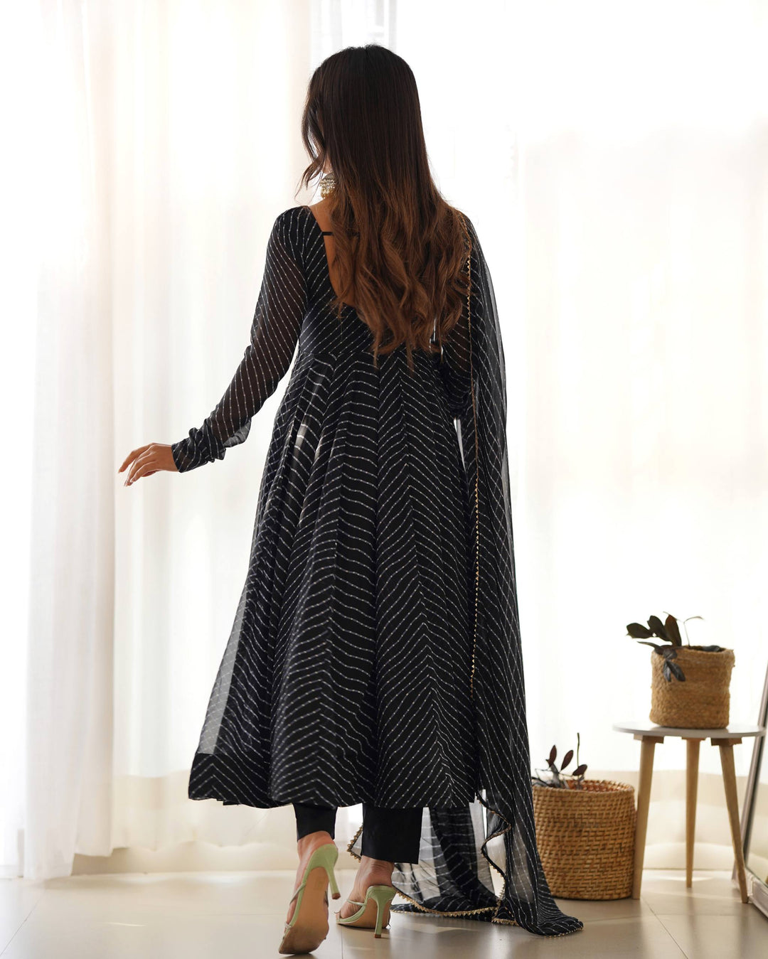 Black  Leheriya Stripe Flared Georgette Anarkali Suit